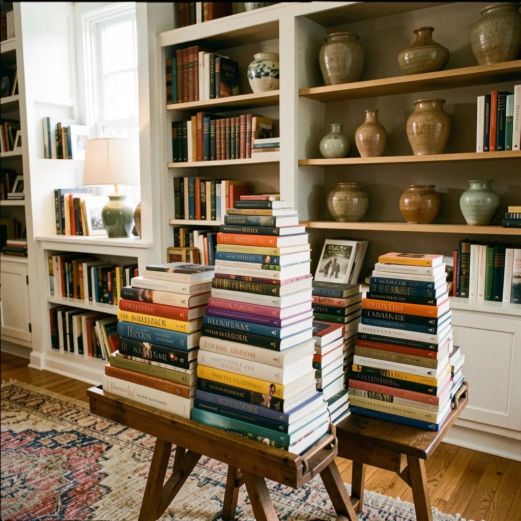 Minimalist book arrangement with natural lighting